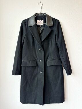 BCBGeneration Black Wool Blend Long Line Faux Leather Trim 3 Button Coat L